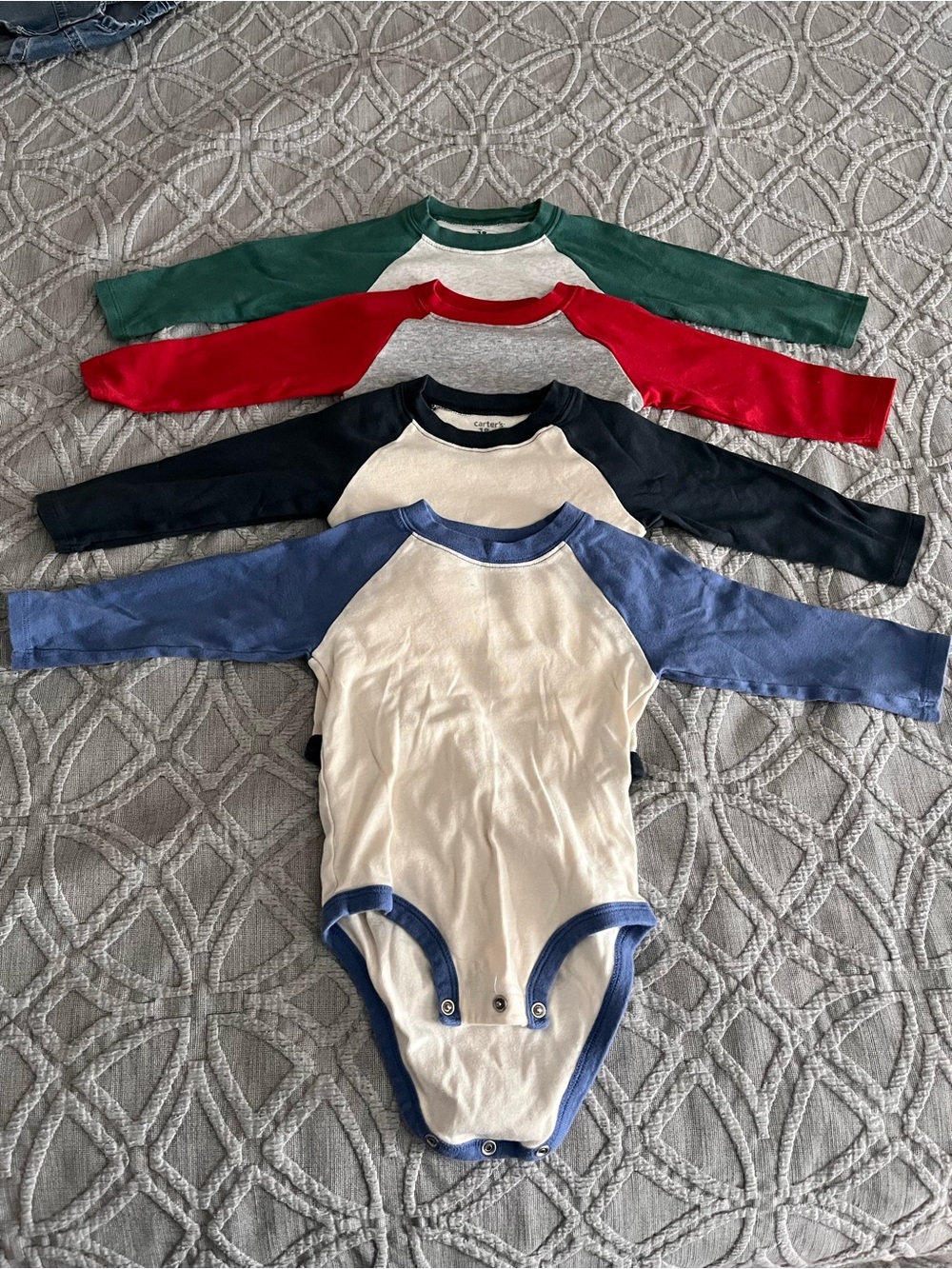 Carters long Sleeve One-Piece Bodysuit - Blue/Black/Red/Green bundle!